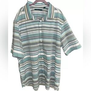 Perry Ellis Shirt size 2XLT Green & Gray Stripe Cotton Short Sleeve 2X Long Tall